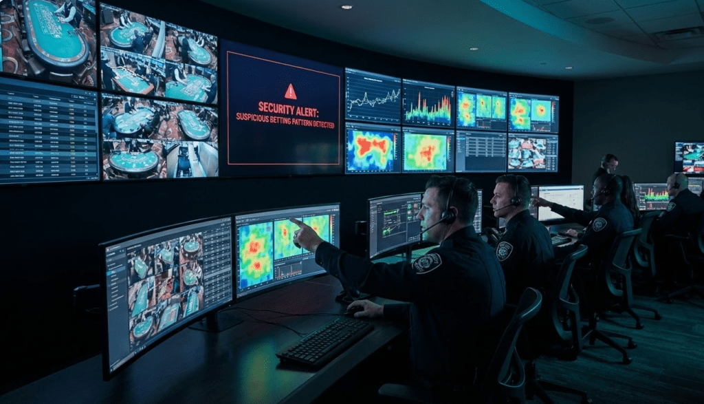 여러 화면에서 실시간 데이터와 보안 경고를 분석하는 보안 요원들이 있는 고급 카지노 모니터링 룸